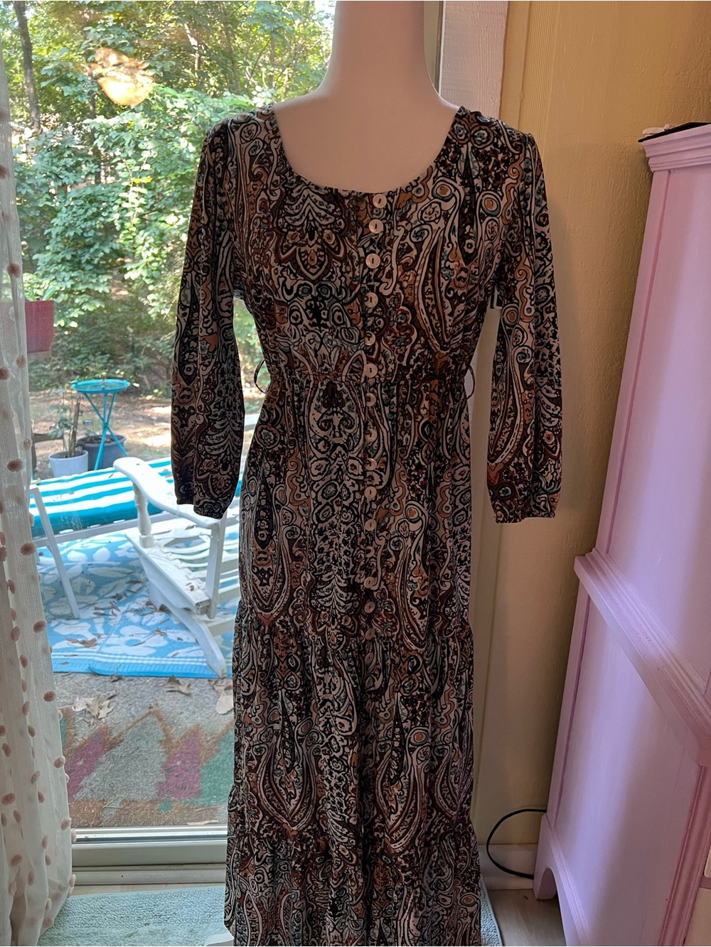 Paisley Long-Sleeve Maxi Dress in Black and Brown
